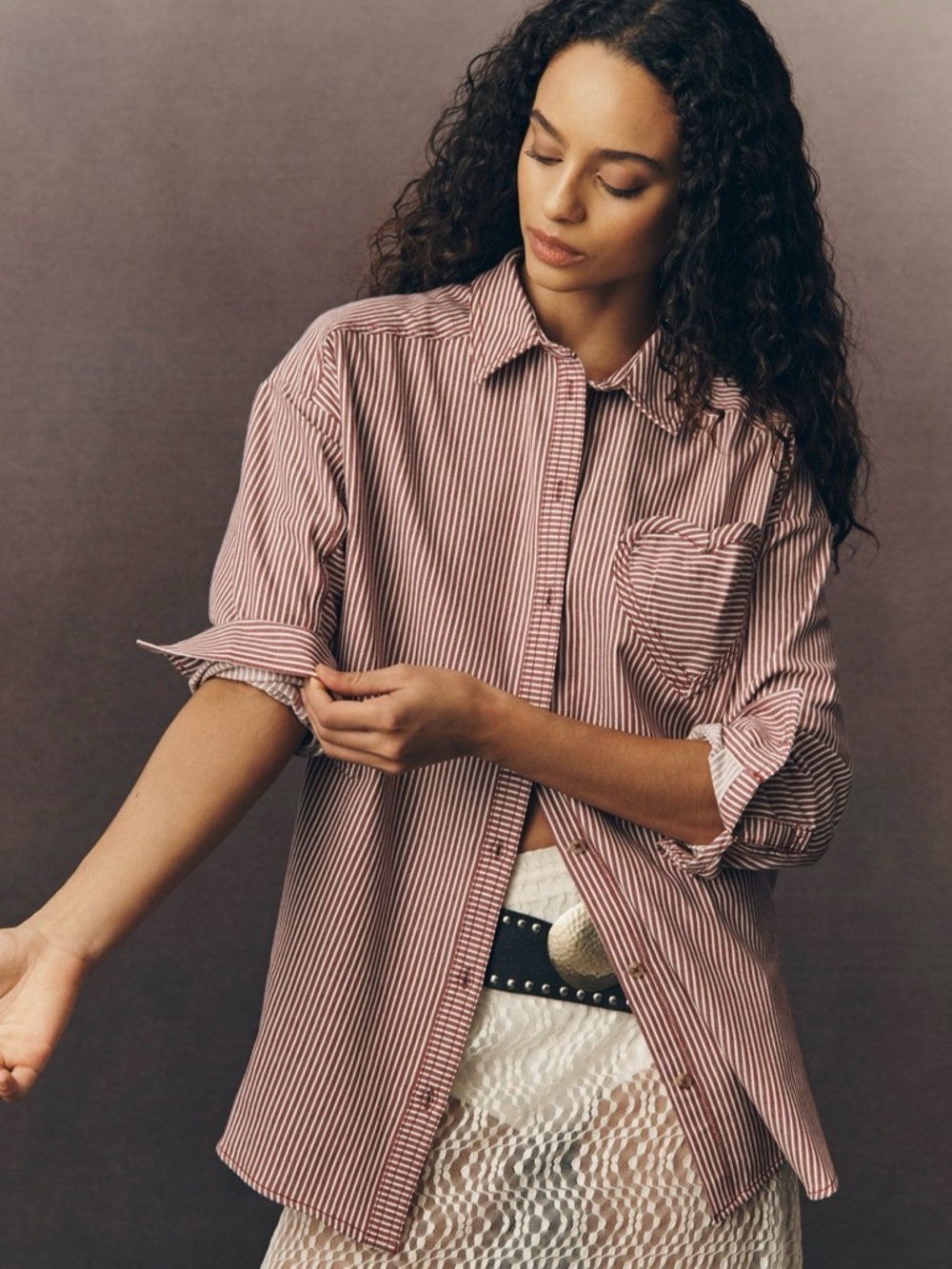 Pilcro Heart Pocket Long-Sleeve Stripe Button-Down Shirt